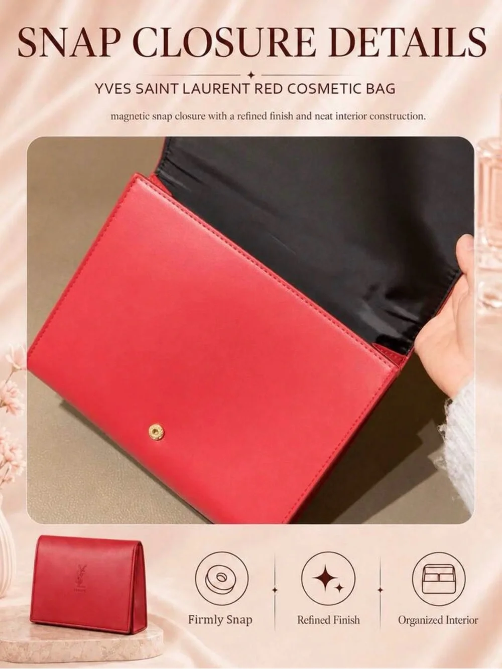 New Arrivals! Yves Saint Laurent Pink-Red Structured Flap Cosmetic Pouch